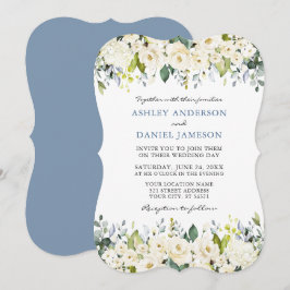 Elegante Watercolor White Floral Dusty Blue Weddin Einladung