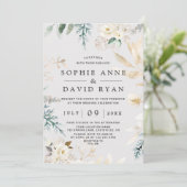 Elegante Watercolor White Floral Gold Hochzeit Einladung (Stehend Vorderseite)