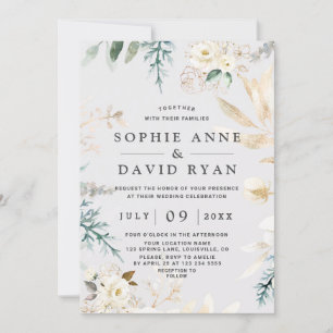 Elegante Watercolor White Floral Gold Hochzeit Einladung
