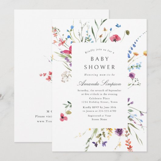 Elegante Watercolor Wild Blume Kinderdusche Einladung (Vorne/Hinten)