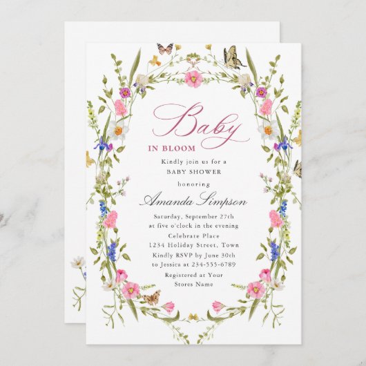 Elegante Watercolor Wild Blume Kinderdusche Einladung (Vorne/Hinten)