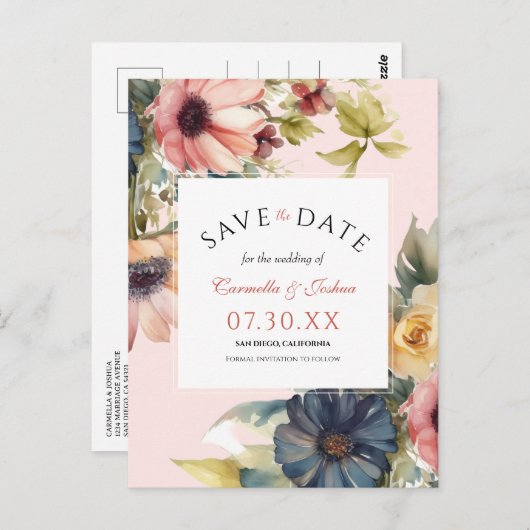 Elegante Watercolor Wildblume Boho Save the Date Postkarte (Vorne/Hinten)