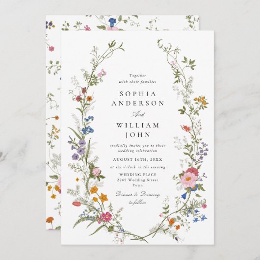 Elegante Watercolor Wildblumen Blumenhochzeit Einladung (Vorne/Hinten)