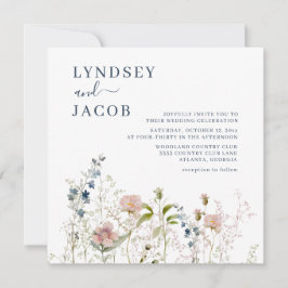 Elegante Watercolor Wildblumen Dusty Blue Wedding Einladung