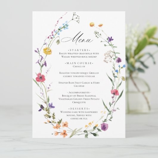 Elegante Watercolor Wildblumen Hochzeitsessen Menükarte (Stehend Vorderseite)