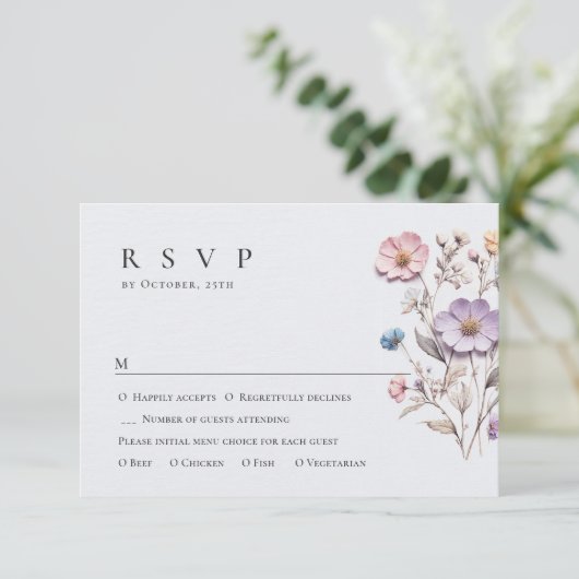 Elegante Watercolor Wilde Blume Blumenzehen RSVP Karte (Stehend Vorderseite)