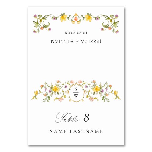 Elegante Watercolor Wilde Blume Blumenzehen Tischnummer (Vorderseite)