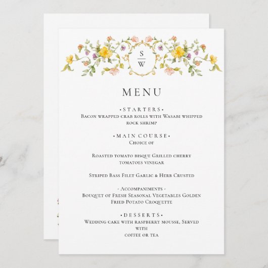 Elegante Watercolor Wilde Blume Hochzeitsessen Menükarte (Vorne/Hinten)