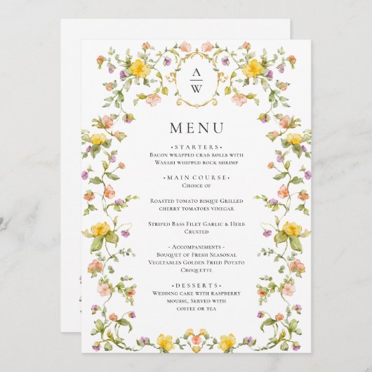 Elegante Watercolor Wilde Blume Hochzeitsessen Menükarte (Vorne/Hinten)