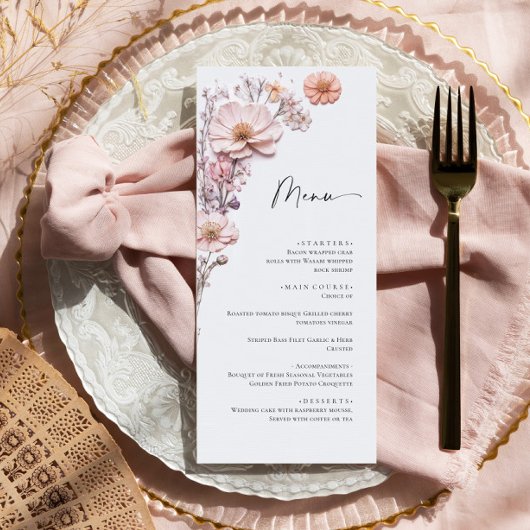 Elegante Watercolor Wilde Blume Hochzeitsessen Menükarte