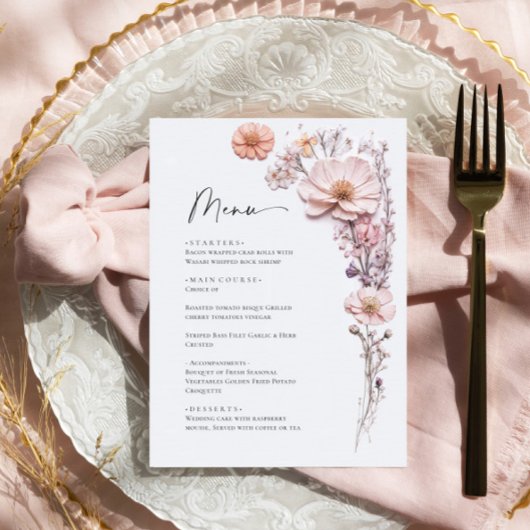 Elegante Watercolor Wilde Blume Hochzeitsessen Menükarte