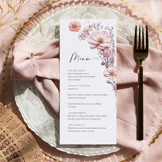 Elegante Watercolor Wilde Blume Hochzeitsessen Menükarte