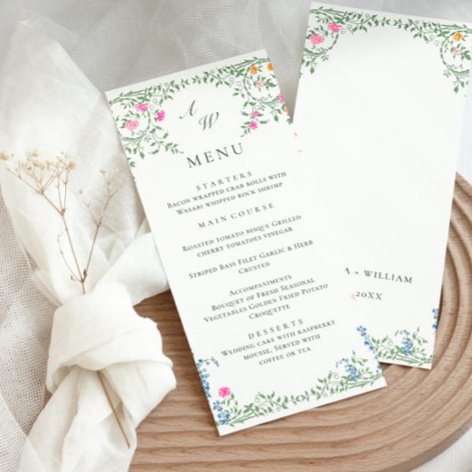 Elegante Watercolor Wilde Blume Hochzeitsessen Menükarte