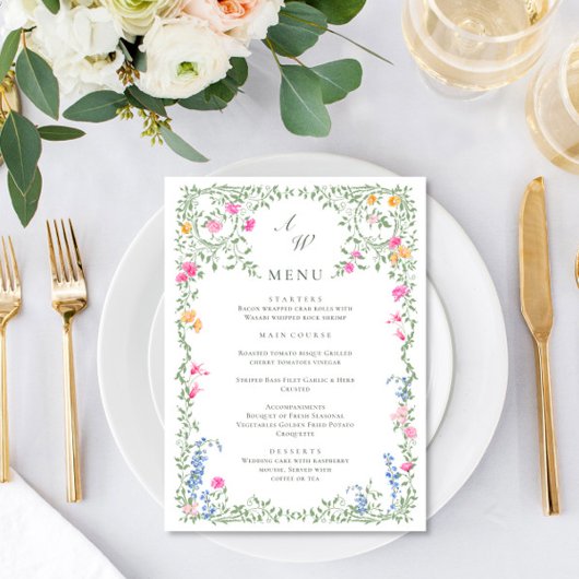 Elegante Watercolor Wilde Blume Hochzeitsessen Menükarte