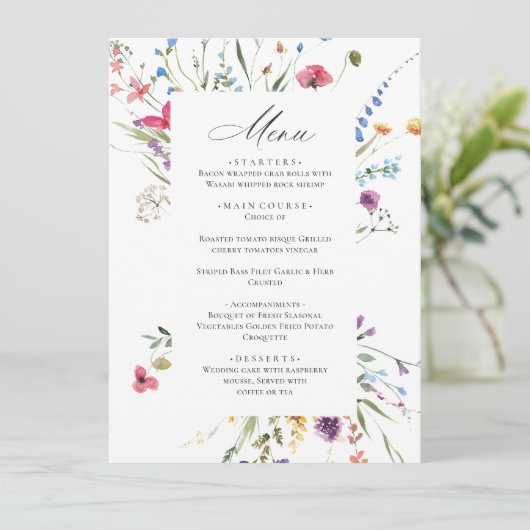 Elegante Watercolor Wilde Blume Hochzeitsessen Menükarte (Stehend Vorderseite)
