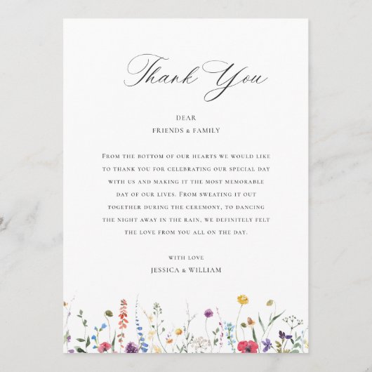 Elegante Watercolor Wilde Blume Hochzeitsessen Menükarte (Rückseite)