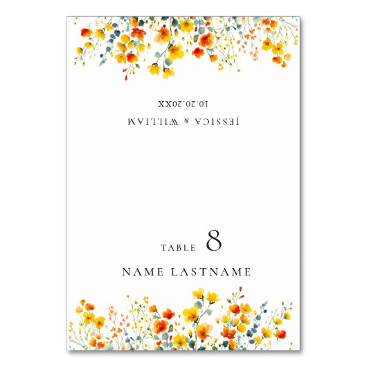 Elegante Watercolor Wilde Blume Platzkarte Tischnummer (Vorderseite)