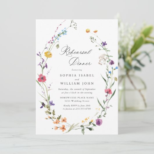 Elegante Watercolor Wilde Blume Probe Abendessen Einladung (Stehend Vorderseite)