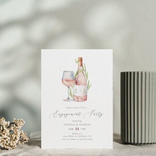 Elegante Watercolor Wine Monogram Engagement Party Einladung