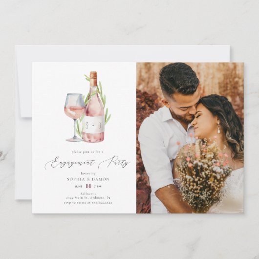 Elegante Watercolor Wine Monogram Engagement Party Einladung (Vorderseite)