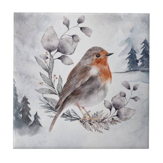 Elegante Watercolor Winter American Robin Fliese (Vorderseite)