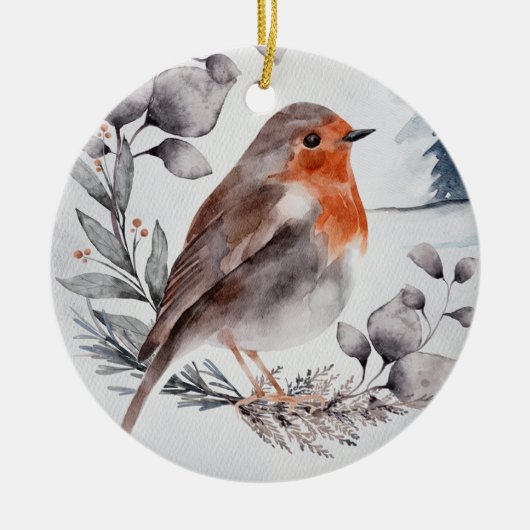 Elegante Watercolor Winter American Robin Keramik Ornament (Vorne)