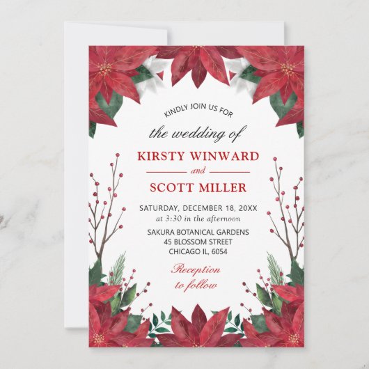 Elegante Watercolor Winter Red Poinsettia Wedding Einladung (Vorderseite)