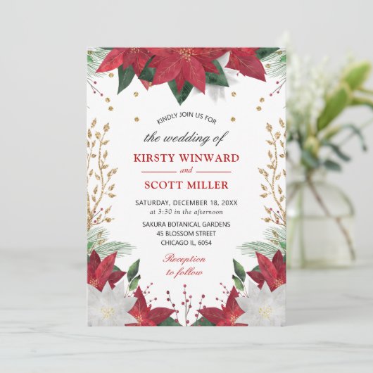 Elegante Watercolor Winter Red Poinsettia Wedding Einladung (Stehend Vorderseite)