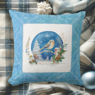 Elegante Watercolor Winter Snow Bird Blauer Weihna Kissen