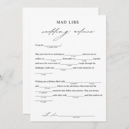 Elegante Wedding Advice Bridal Libs Game Einladung (Vorne/Hinten)