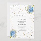Elegante Wedding Blue Blumen goldene Sterne Einladung (Vorderseite)