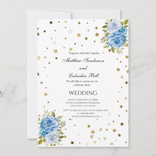 Elegante Wedding Blue Blumen goldene Sterne Einladung (Vorderseite)