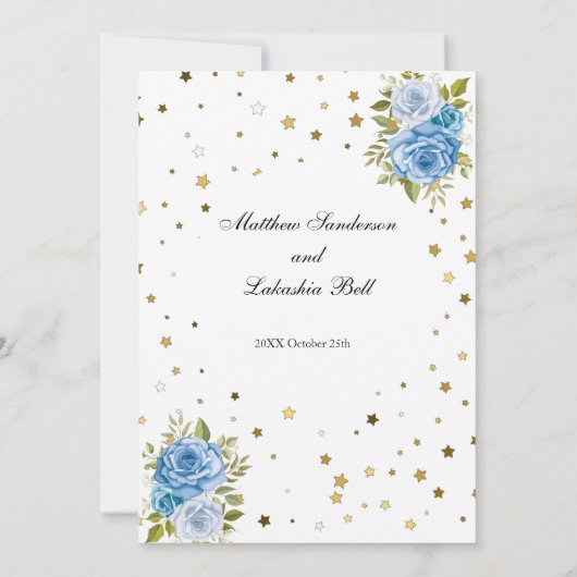 Elegante Wedding Blue Blumen goldene Sterne Einladung (Rückseite)