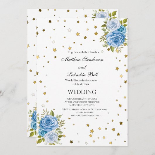 Elegante Wedding Blue Blumen goldene Sterne Einladung (Vorne/Hinten)