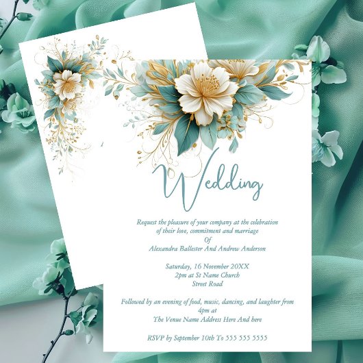 Elegante Wedding Blue Green White Blume Einladung
