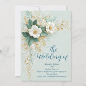 Elegante Wedding Blue Green White Gold Blume Einladung (Vorderseite)
