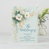 Elegante Wedding Blue Green White Gold Blume Einladung (Stehend Vorderseite)
