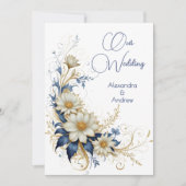 Elegante Wedding Blue White Gold Blume Einladung (Vorderseite)