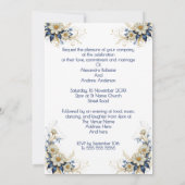 Elegante Wedding Blue White Gold Blume Einladung (Rückseite)