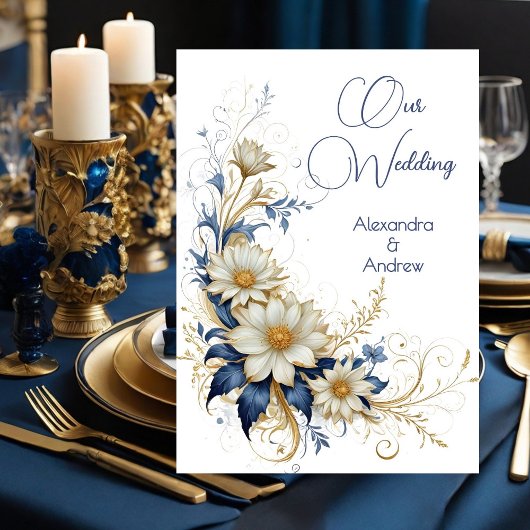 Elegante Wedding Blue White Gold Blume Einladung