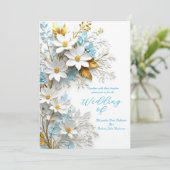 Elegante Wedding Blue White Lace Gold Blume Einladung (Stehend Vorderseite)