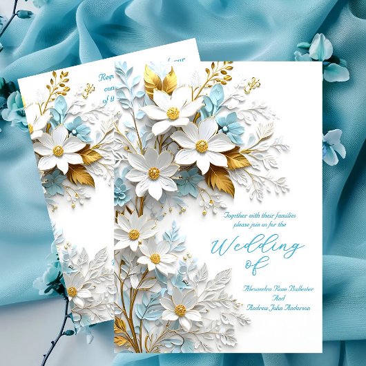 Elegante Wedding Blue White Lace Gold Blume Einladung