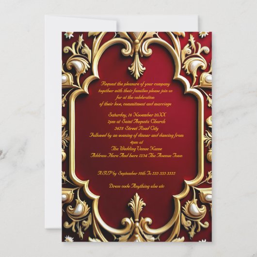 Elegante Wedding Burgundy Gold Verzierte Rote Perl Einladung (Rückseite)