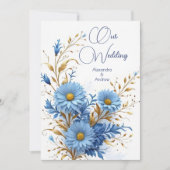 Elegante Wedding Cornflower Blue Gold Florals Einladung (Vorderseite)
