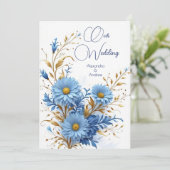 Elegante Wedding Cornflower Blue Gold Florals Einladung (Stehend Vorderseite)
