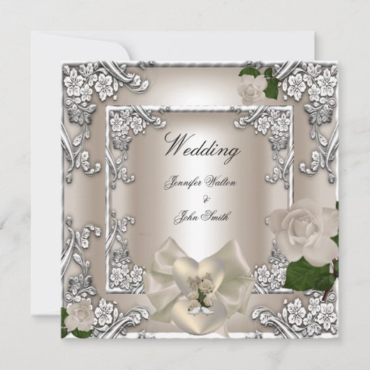 Elegante Wedding Cream Rose Silver White Einladung (Vorderseite)