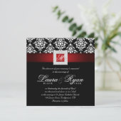 Elegante Wedding Damask Jewels Red Schwarz-weiß Sq Einladung (Stehend Vorderseite)