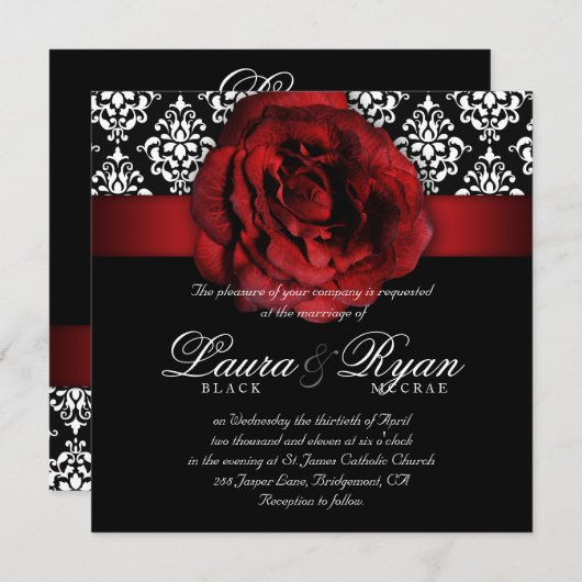 Elegante Wedding Damask Rote Rose Schwarz-weiß Einladung (Vorne/Hinten)
