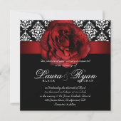Elegante Wedding Damask Rote Rose Schwarz-weiß Einladung (Vorderseite)