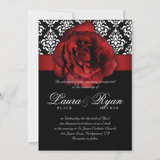 Elegante Wedding Damask Rote Rose Schwarz-weiß Einladung (Vorderseite)